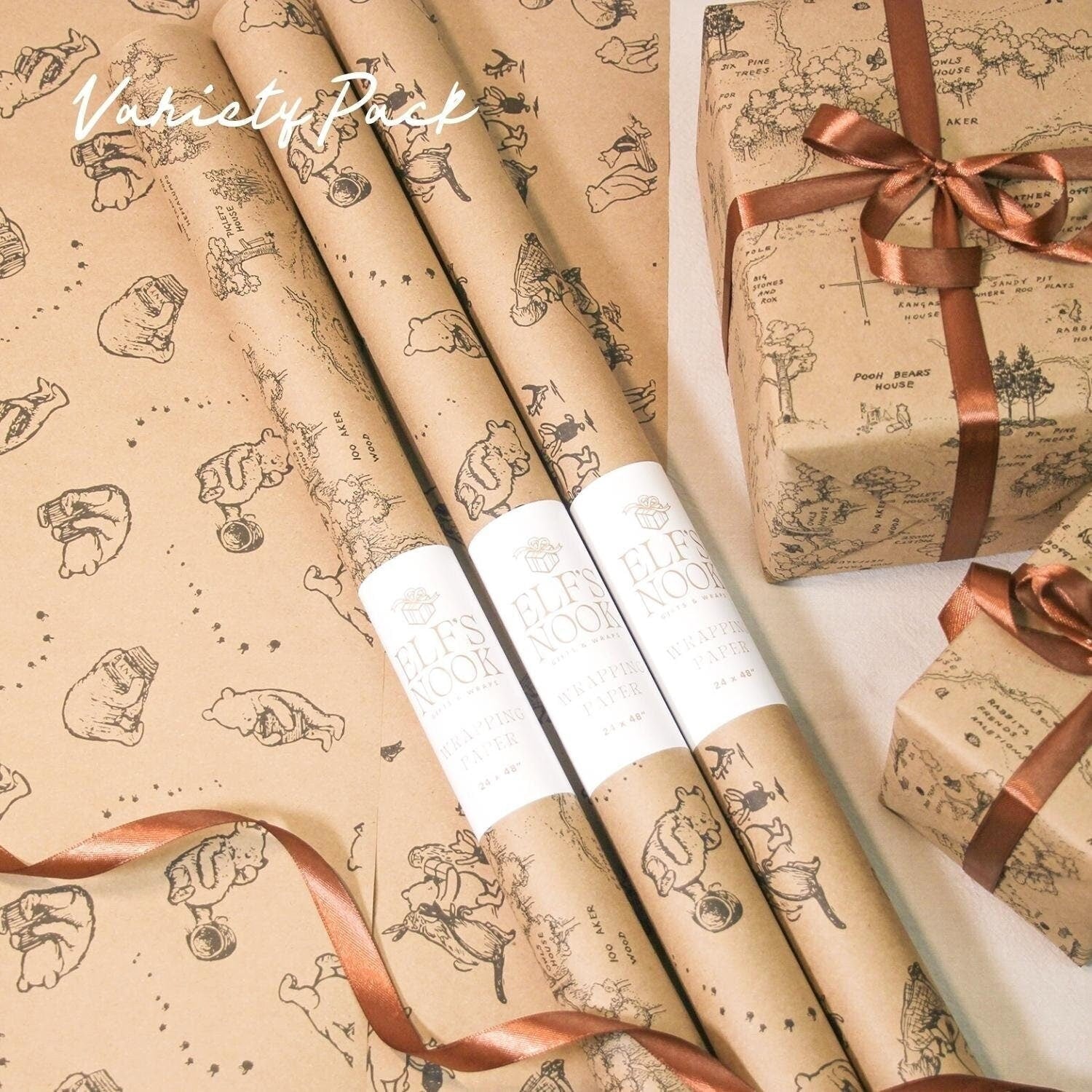 Winnie-the-Pooh Eco Gift Wrap Set | 3 Rolls Vintage Classic Illustration Recycled Wrapping Papers for Christmas, Birthday & Party