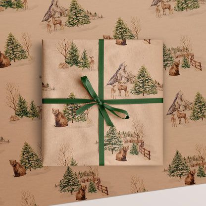 Winter Bear & Deer Eco Christmas Gift Wrapping Papers | Classic Watercolor Animal in Snowfield Recycled Paper Holiday Gift Wraps