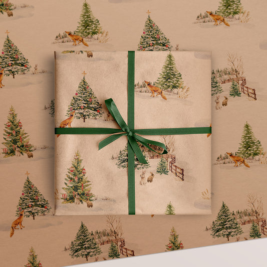 Winter Fox & Rabbit Eco Christmas Gift Wrapping Papers | Nature Watercolor Animal in Snowfield Recycled Paper Holiday Gift Wraps