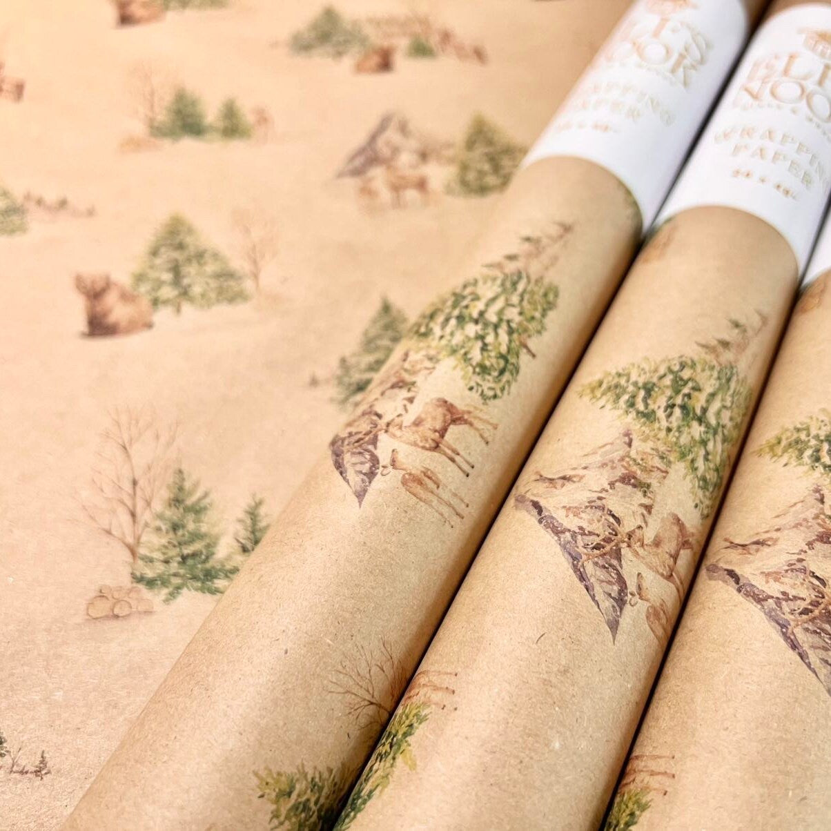 Winter Bear & Deer Eco Christmas Gift Wrapping Papers | Classic Watercolor Animal in Snowfield Recycled Paper Holiday Gift Wraps