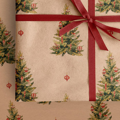 Christmas Tree Eco Gift Wrapping Papers | Watercolor Holiday Illustration on Recycled Kraft Brown Paper Rolls | Sustainable Gift Wraps