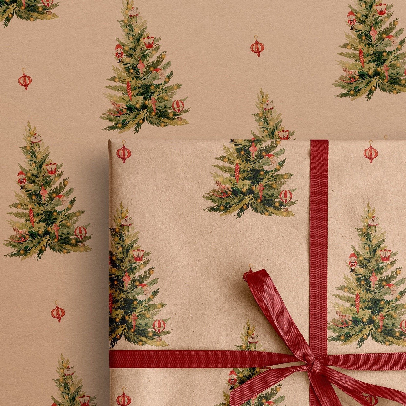 Christmas Tree Eco Gift Wrapping Papers | Watercolor Holiday Illustration on Recycled Kraft Brown Paper Rolls | Sustainable Gift Wraps