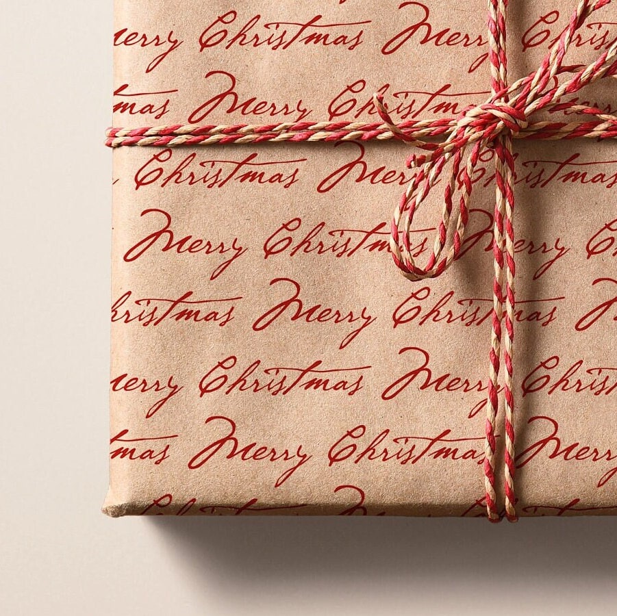 Merry Christmas Eco Gift Wraps | Classic Holiday Red Calligraphy Recycled Kraft Brown Wrapping Paper Rolls | Sustainable Gift Wraps