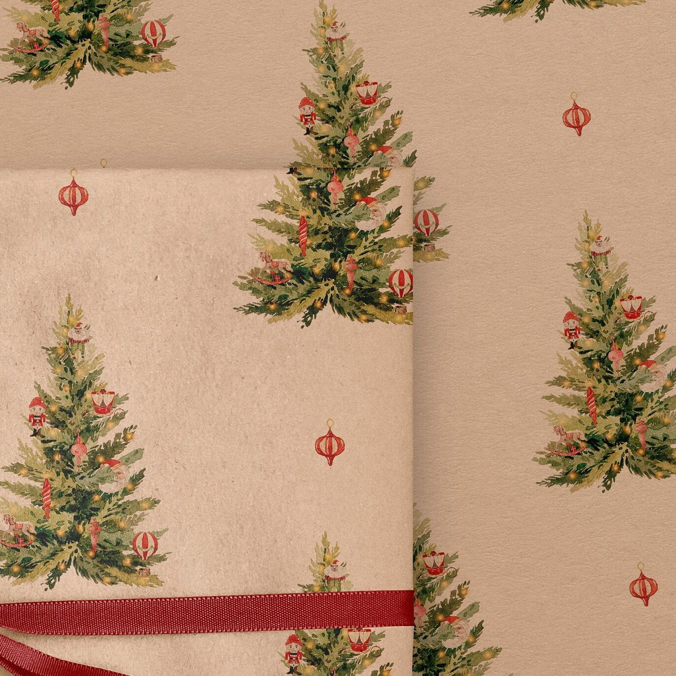 Christmas Tree Eco Gift Wrapping Papers | Watercolor Holiday Illustration on Recycled Kraft Brown Paper Rolls | Sustainable Gift Wraps