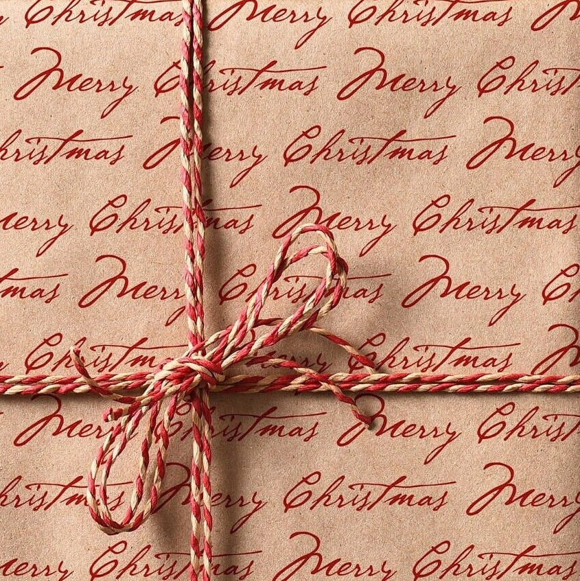 Merry Christmas Eco Gift Wraps | Classic Holiday Red Calligraphy Recycled Kraft Brown Wrapping Paper Rolls | Sustainable Gift Wraps