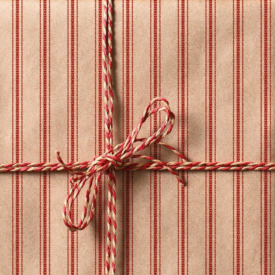 Rustic Stripe Eco Wrapping Paper Red | Recycled & Sustainable Christmas Gift Wrap for Vintage Farmhouse Holiday Decorations