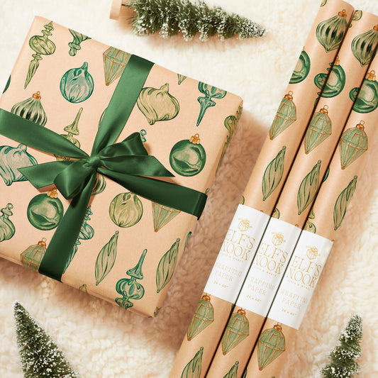 Eco Christmas Wrapping Paper with Vintage Green Ornaments | Recycled & Sustainable Gift Wrap for Classic Holiday Decorations