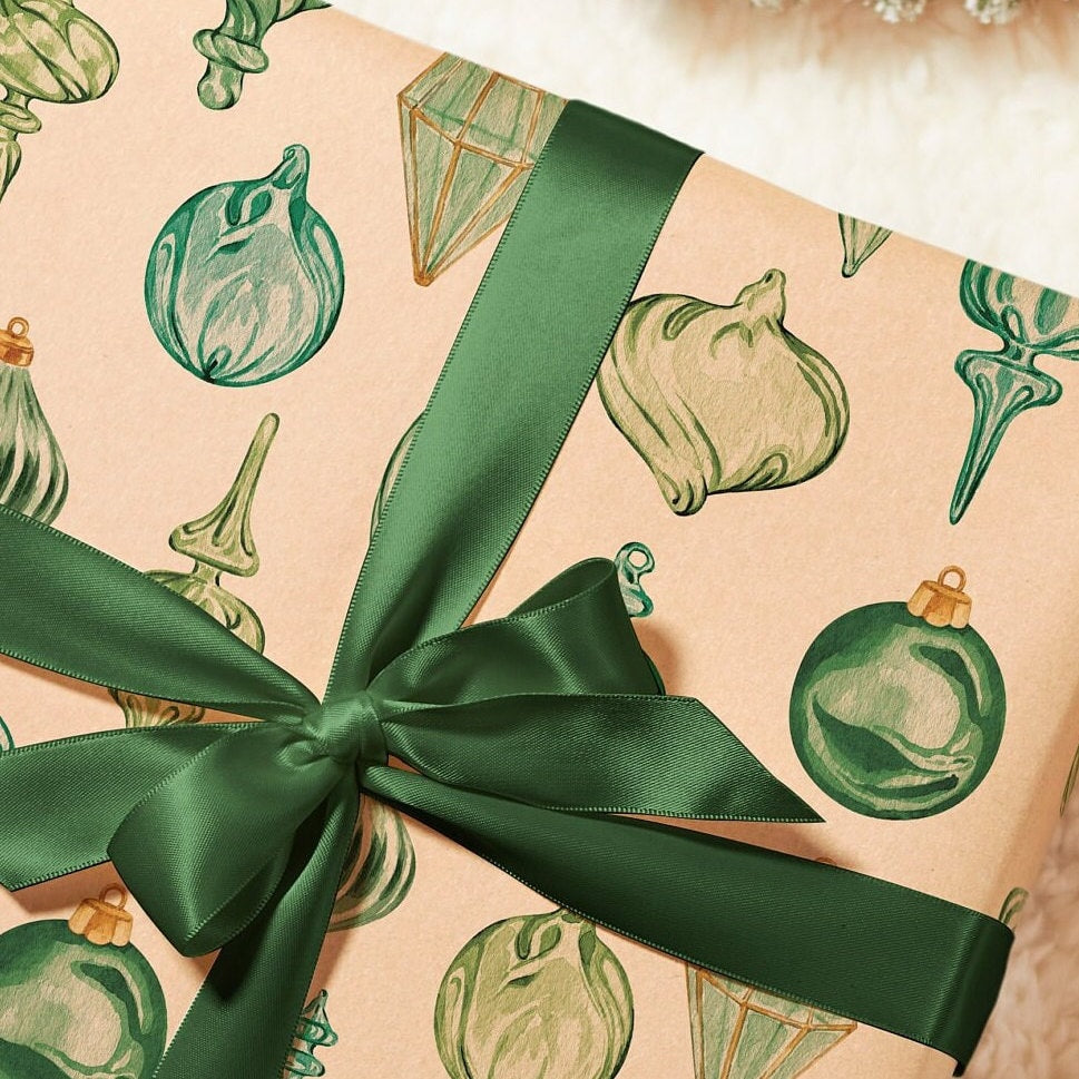 Eco Christmas Wrapping Paper with Vintage Green Ornaments | Recycled & Sustainable Gift Wrap for Classic Holiday Decorations