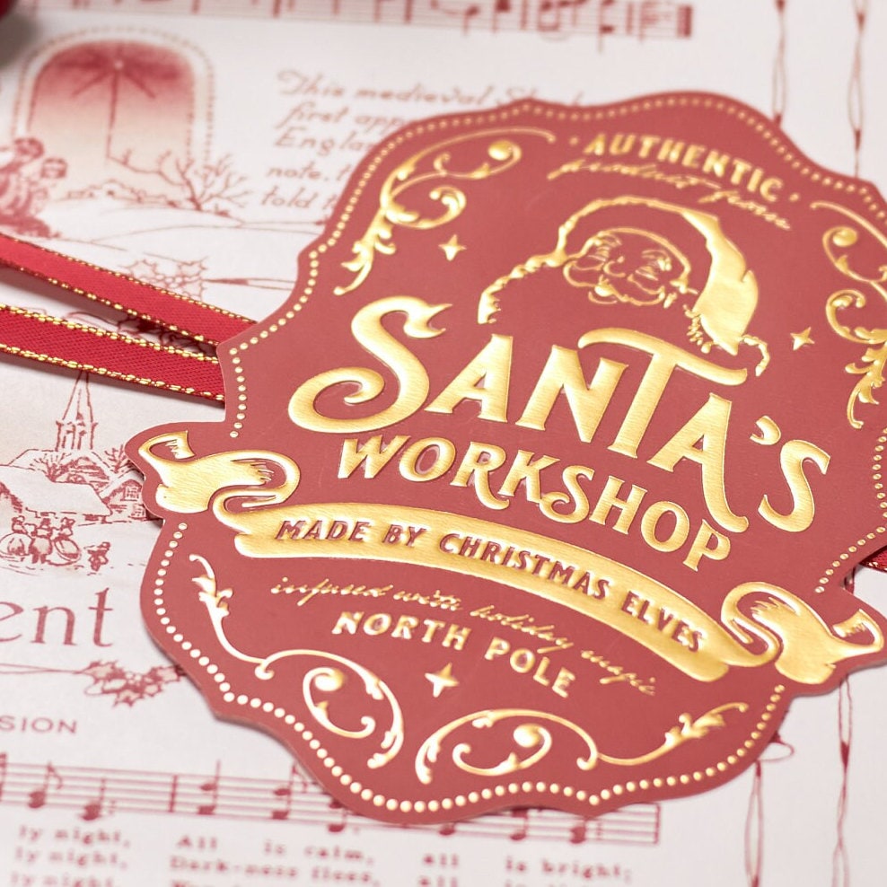 Santa's Workshop Gold Christmas Gift Stickers for Kids | Large Labels for Children's Presents by Santa Clause & Elves from North Pole